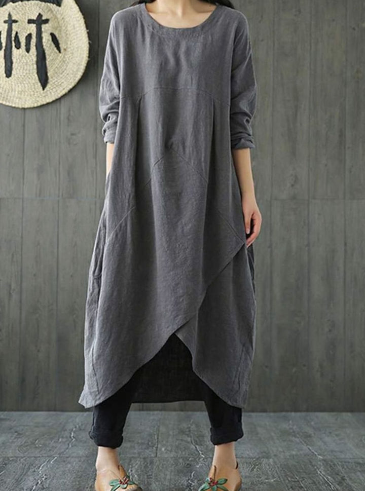 Dames Langarm Asymmetrische Oversized Midi-jurk Katoen - Grijs