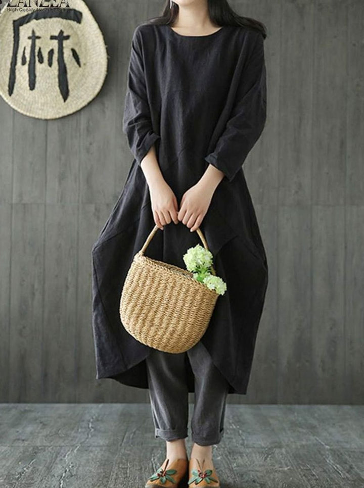 Dames Langarm Asymmetrische Oversized Midi-jurk Katoen