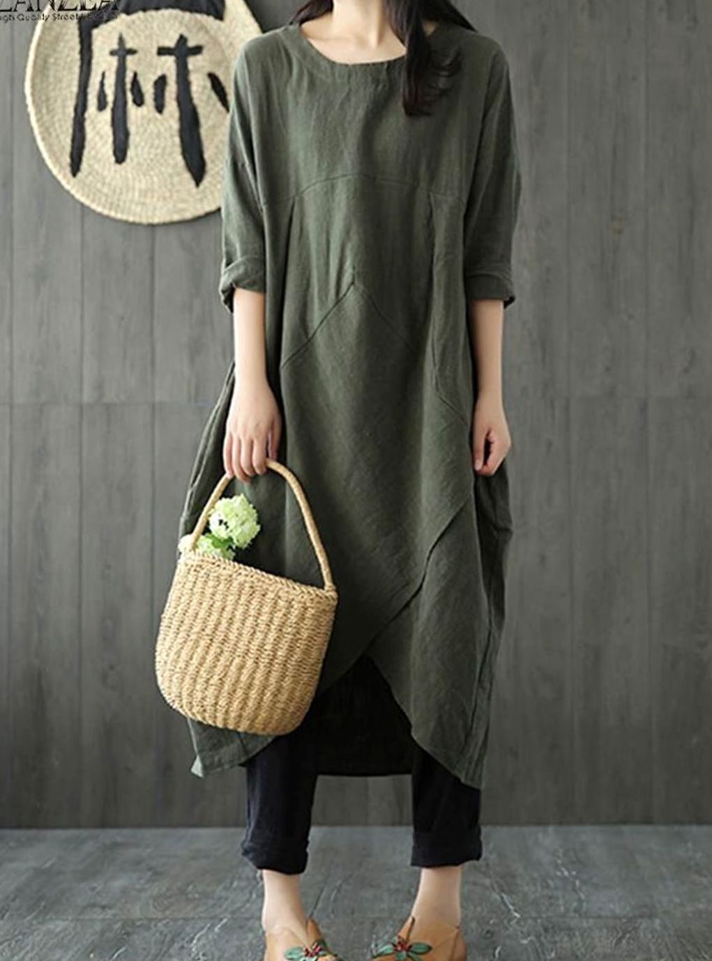 Dames Langarm Asymmetrische Oversized Midi-jurk Katoen
