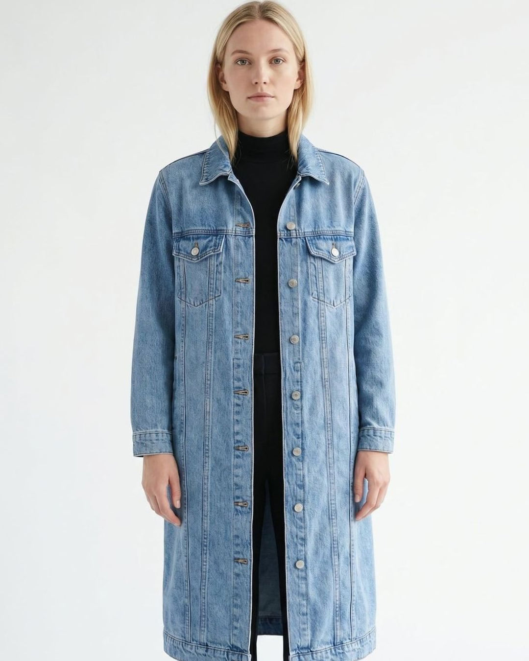 Dames Lange Denim Jas Relaxed Fit Knoopsluiting
