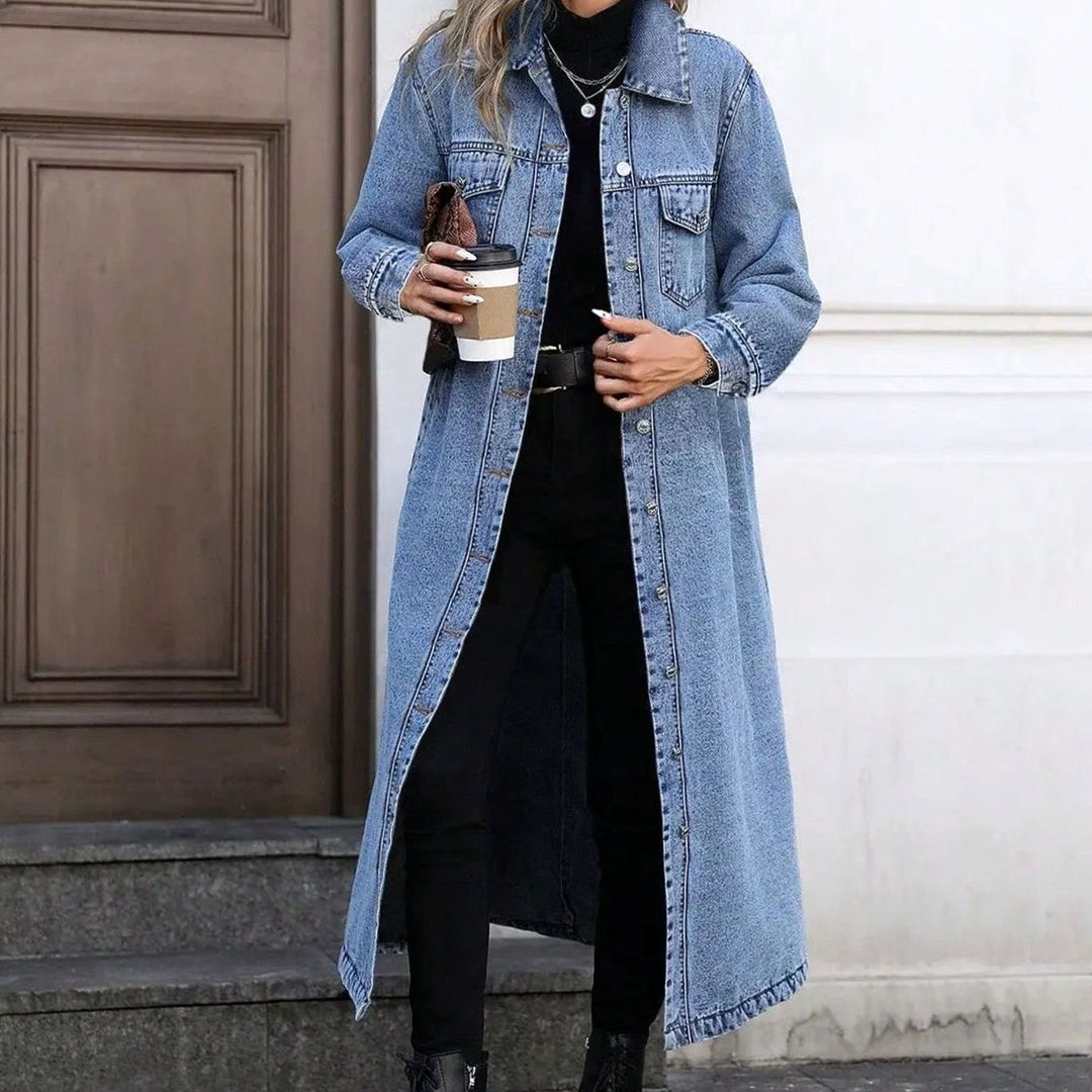 Dames Lange Denim Jas Relaxed Fit Knoopsluiting - Denim
