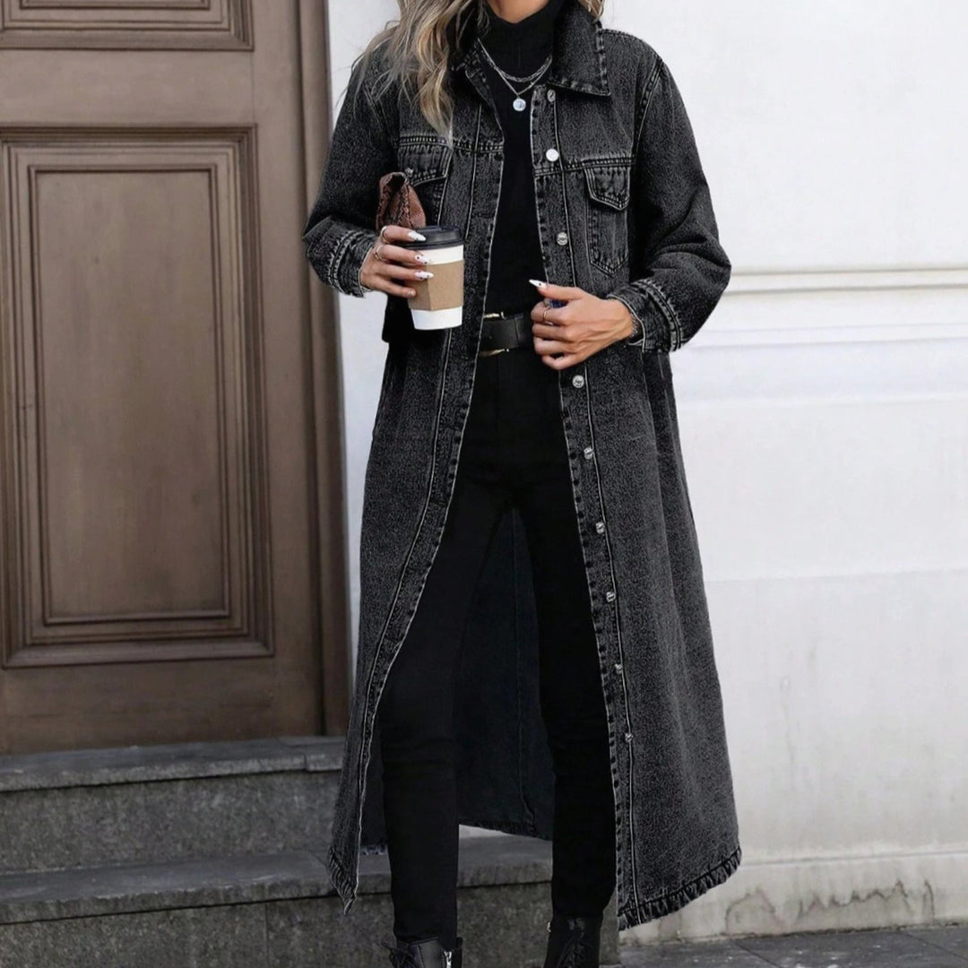 Dames Lange Denim Jas Relaxed Fit Knoopsluiting - Grijs