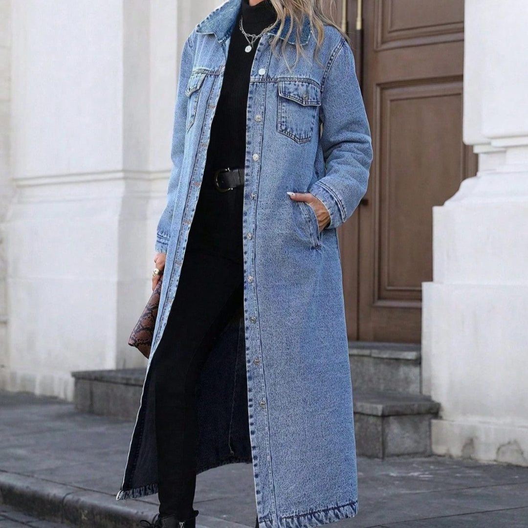 Dames Lange Denim Jas Relaxed Fit Knoopsluiting