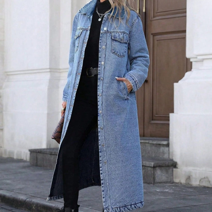 Dames Lange Denim Jas Relaxed Fit Knoopsluiting