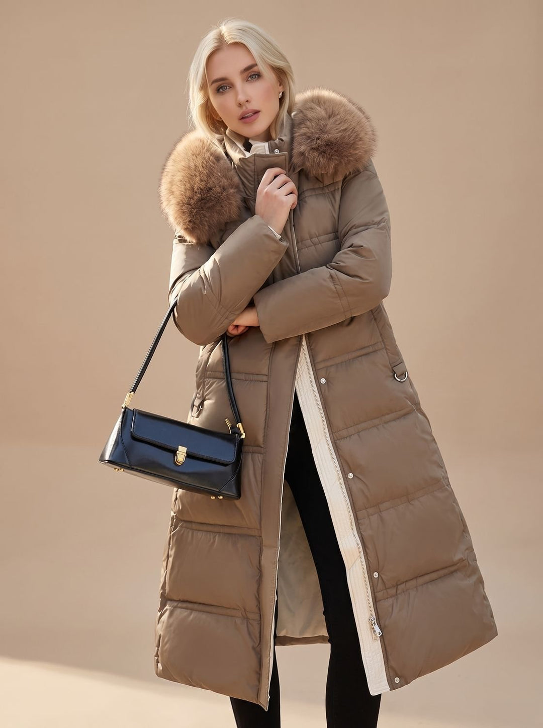 Dames Lange Gewatteerde Bontjas Puffer Coat met Bontkraag - Koffiebruin