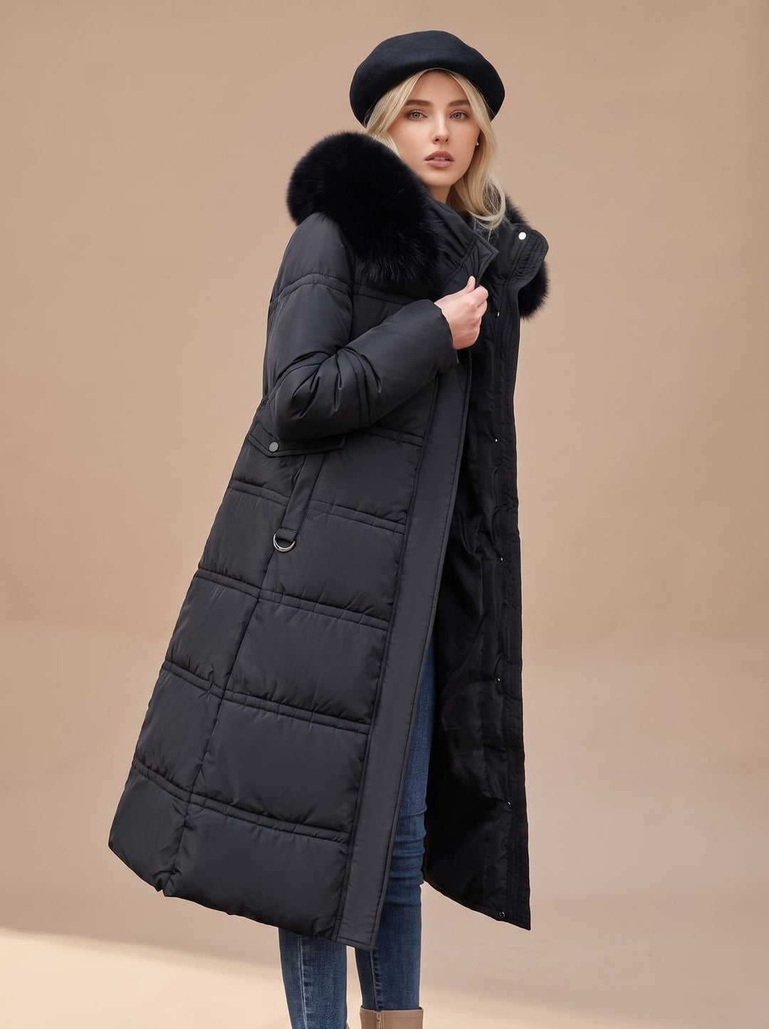Dames Lange Gewatteerde Bontjas Puffer Coat met Bontkraag - Zwart