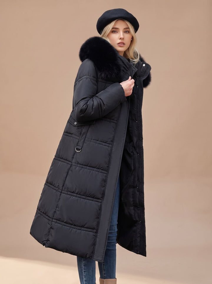 Dames Lange Gewatteerde Bontjas Puffer Coat met Bontkraag - Zwart