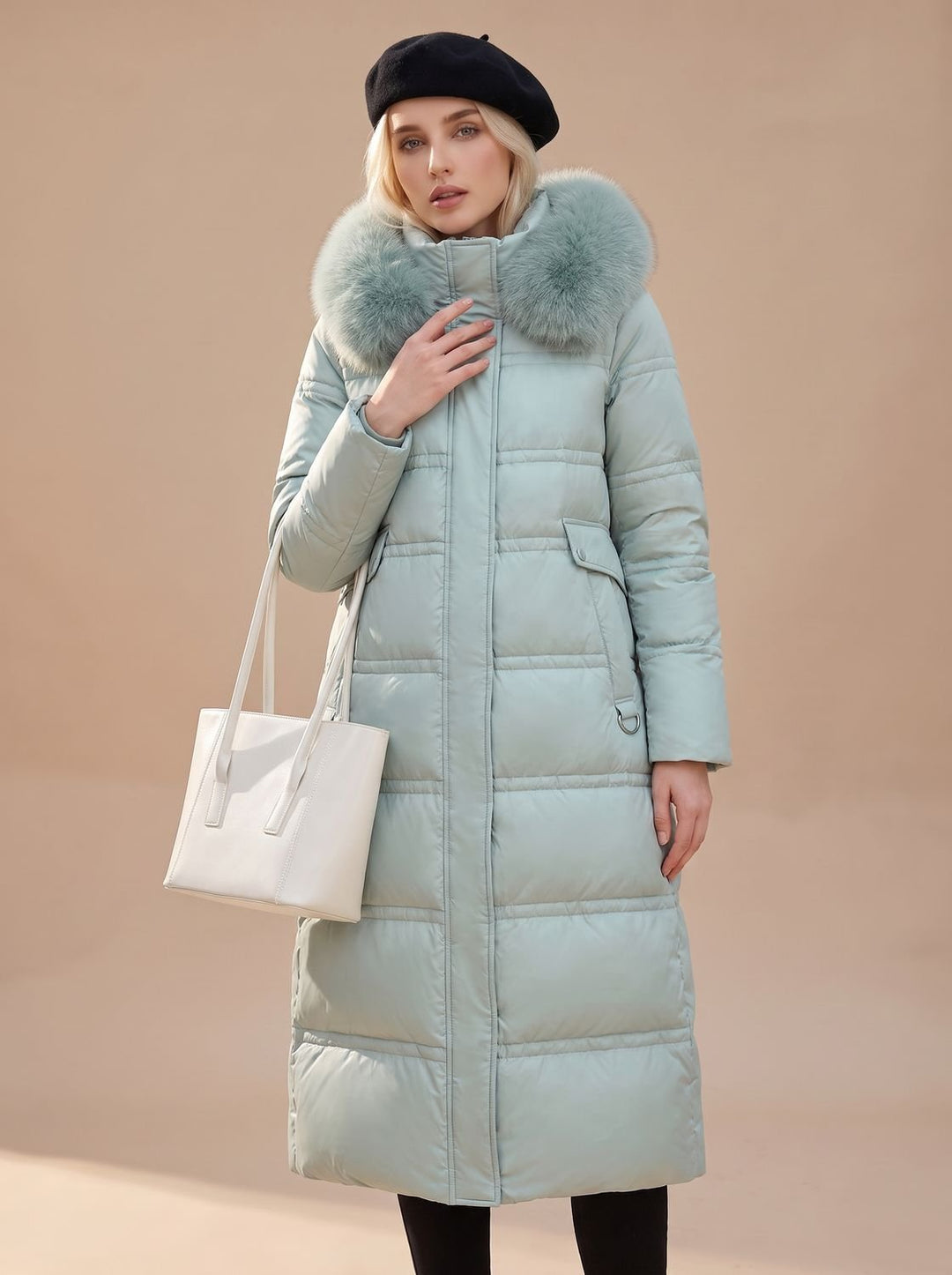 Dames Lange Gewatteerde Bontjas Puffer Coat met Bontkraag - Blauw