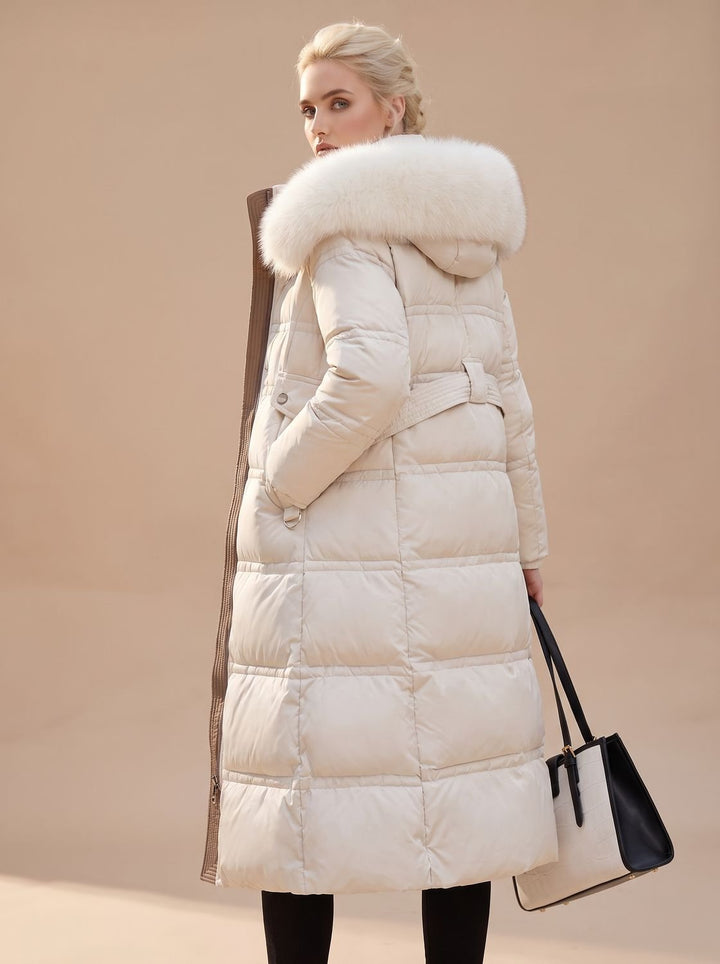 Dames Lange Gewatteerde Bontjas Puffer Coat met Bontkraag - Wit
