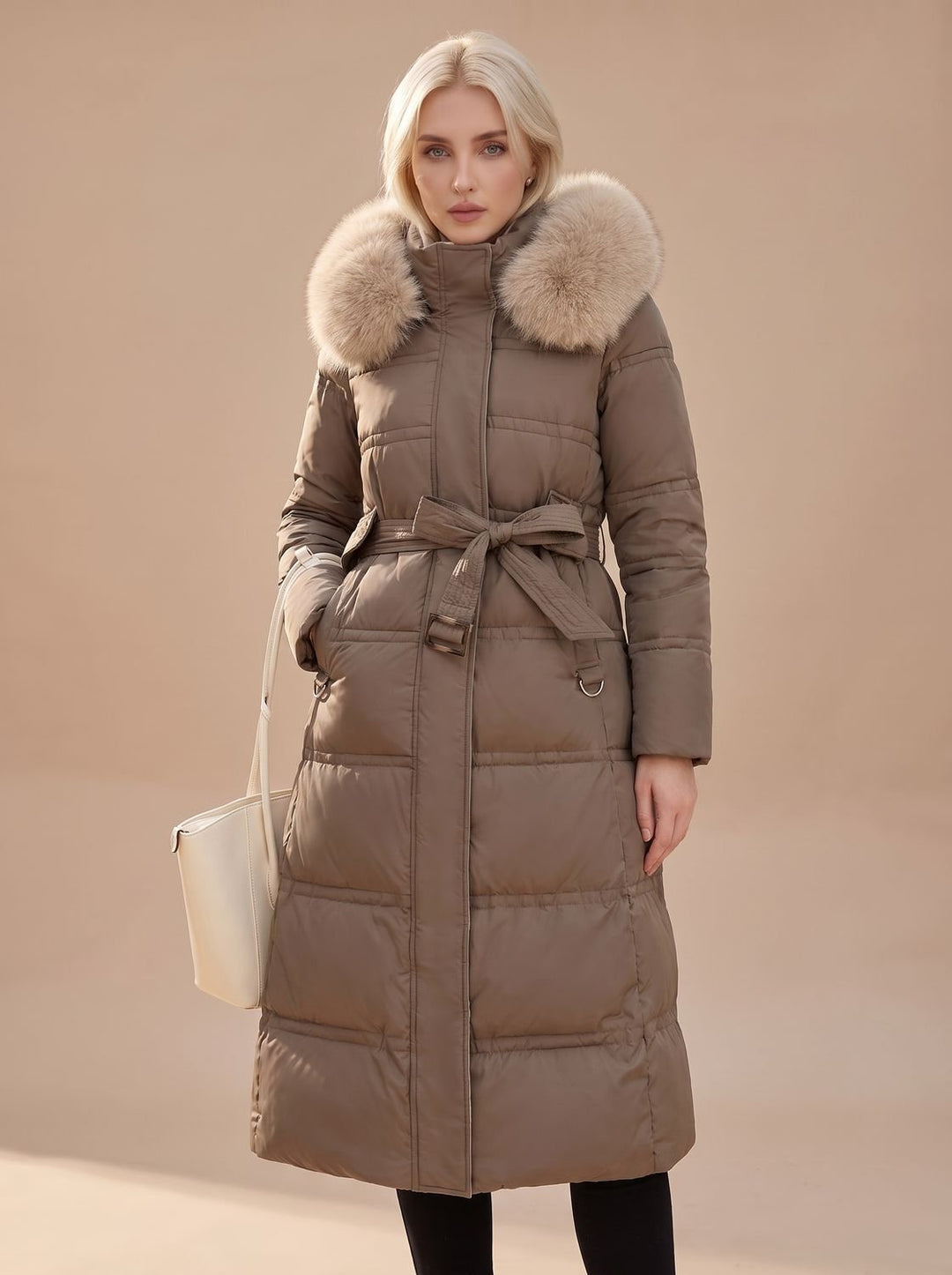 Dames Lange Gewatteerde Bontjas Puffer Coat met Bontkraag - Koffiebruin met beige kraag