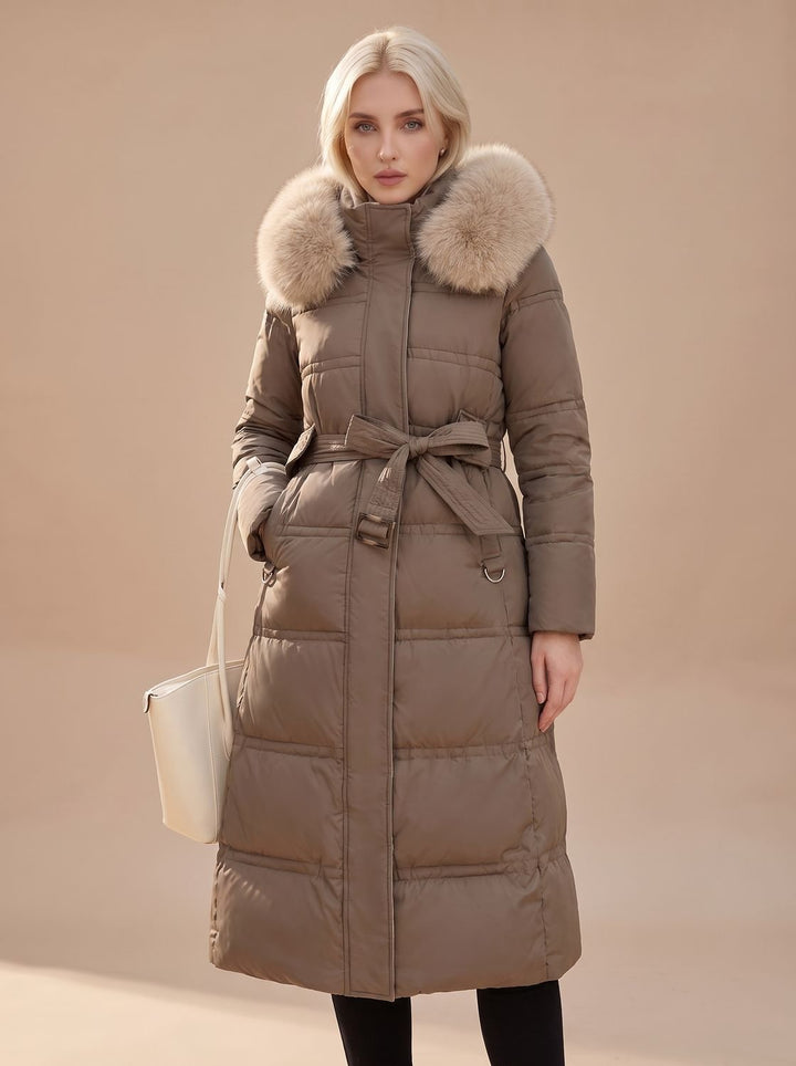 Dames Lange Gewatteerde Bontjas Puffer Coat met Bontkraag - Koffiebruin met beige kraag
