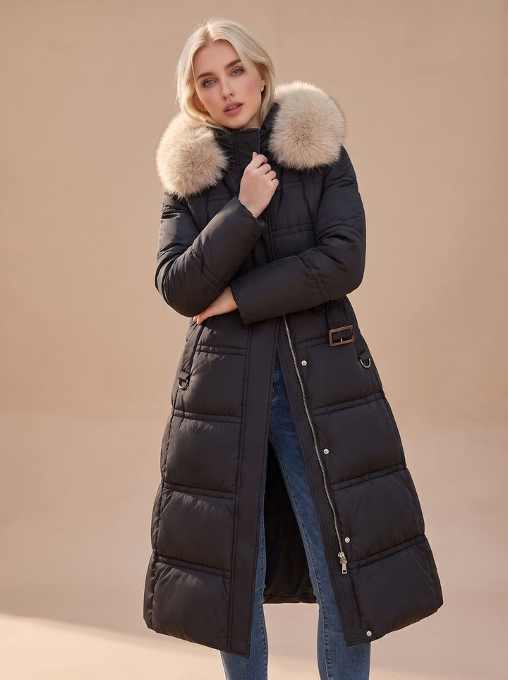 Dames Lange Gewatteerde Bontjas Puffer Coat met Bontkraag - Zwart met beige kraag