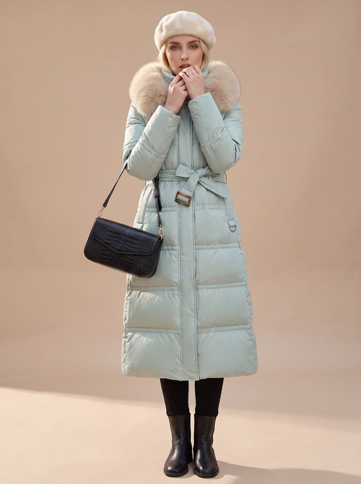 Dames Lange Gewatteerde Bontjas Puffer Coat met Bontkraag - Blauw met beige kraag