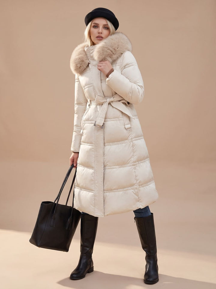 Dames Lange Gewatteerde Bontjas Puffer Coat met Bontkraag - Wit met beige kraag