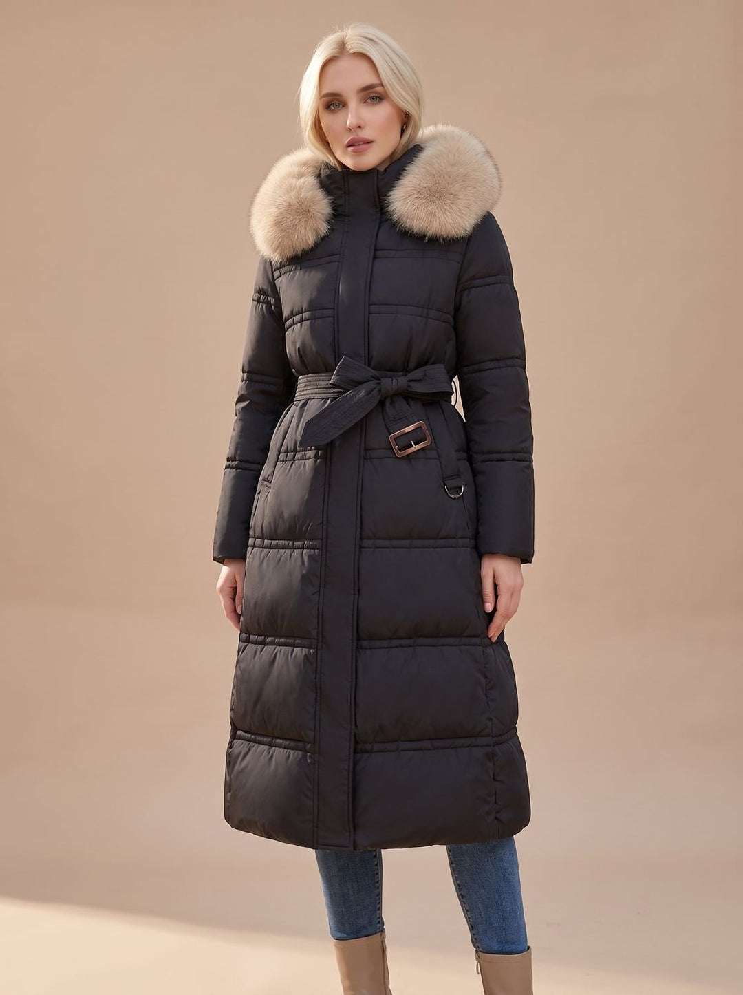 Dames Lange Gewatteerde Bontjas Puffer Coat met Bontkraag