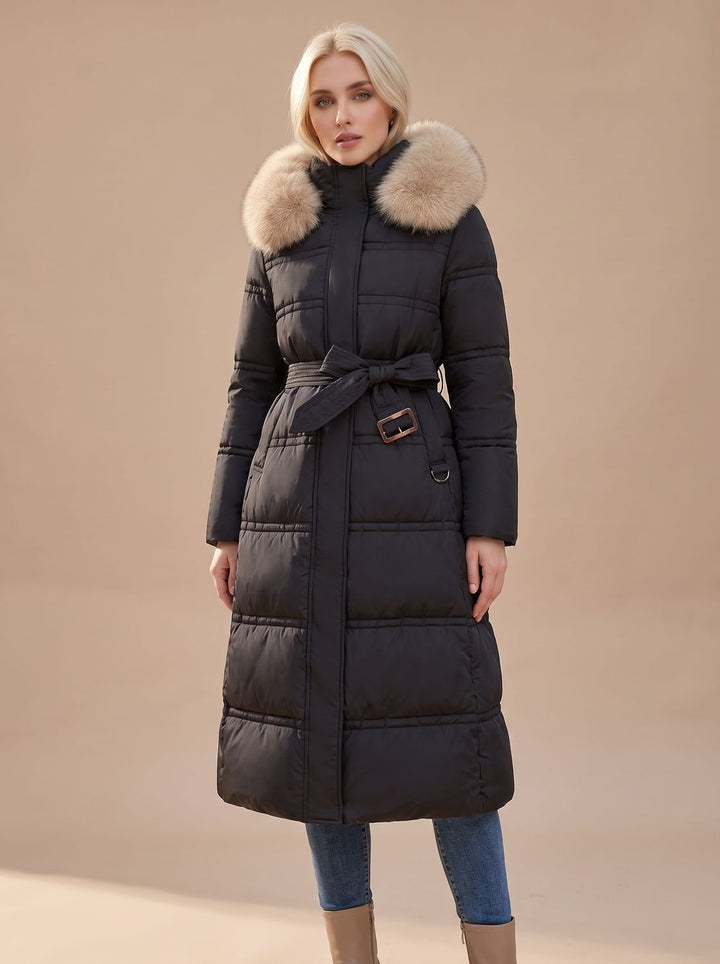 Dames Lange Gewatteerde Bontjas Puffer Coat met Bontkraag