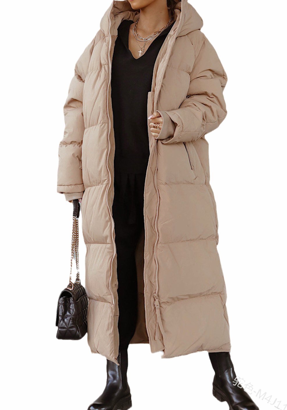 Dames Lange Gewatteerde Hooded Puffer Winterjas - Beige