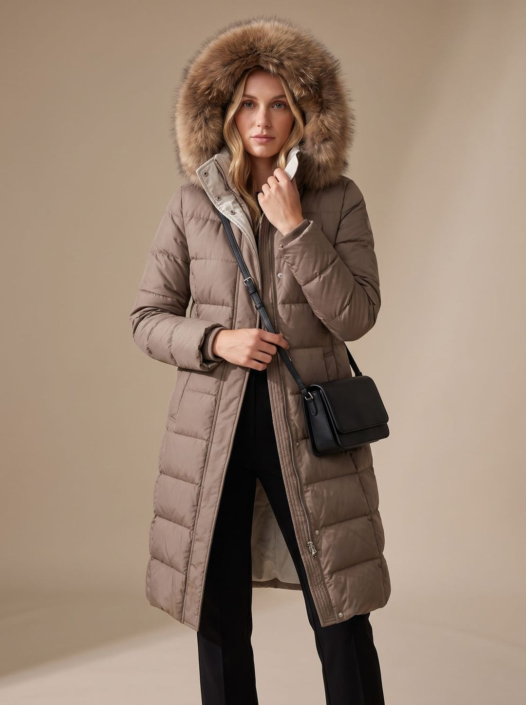 Dames Lange Gewatteerde Parka met Bontkraag Capuchon - Bruin