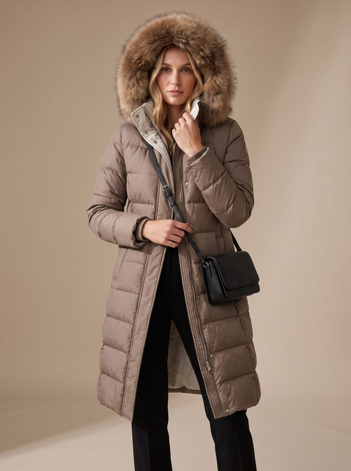 Dames Lange Gewatteerde Parka met Bontkraag Capuchon - Bruin