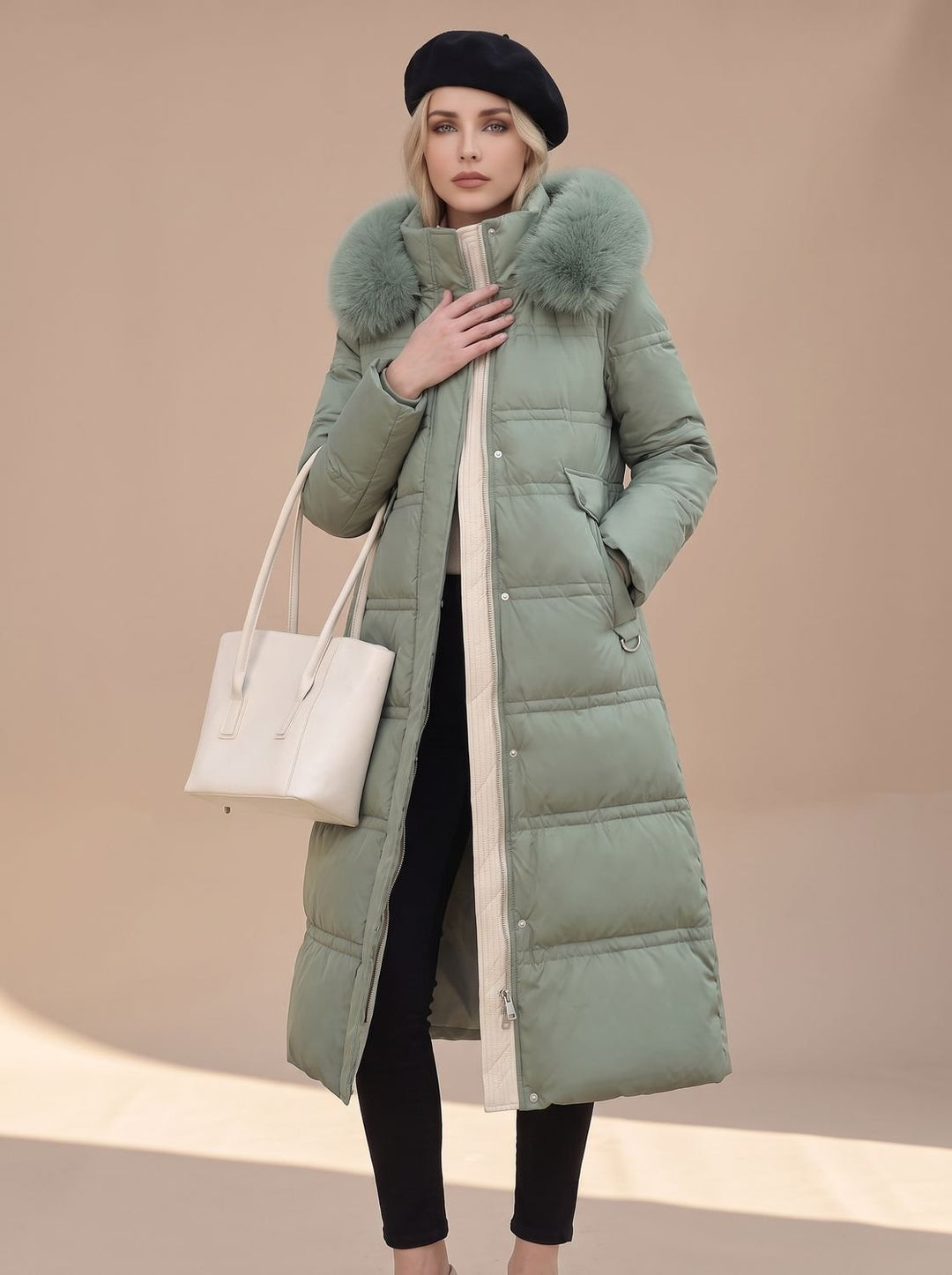Dames Lange Gewatteerde Parka met Bontkraag Capuchon - Blauw