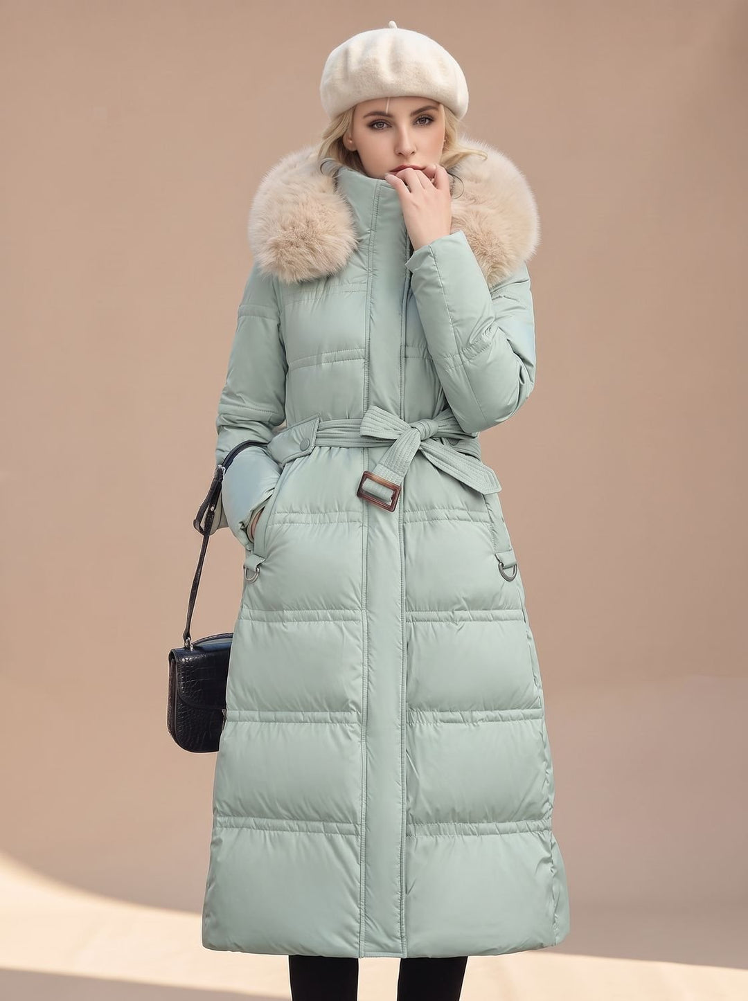 Dames Lange Gewatteerde Parka met Bontkraag Capuchon - Blauw en Wit