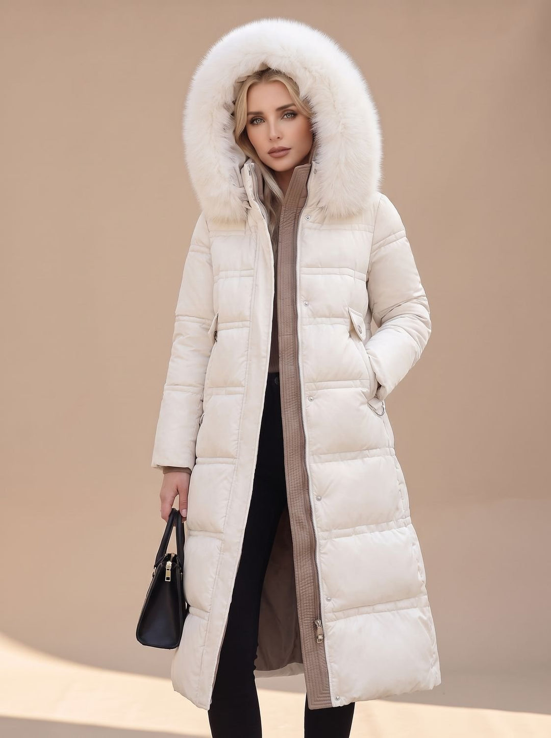 Dames Lange Gewatteerde Parka met Bontkraag Capuchon - Wit