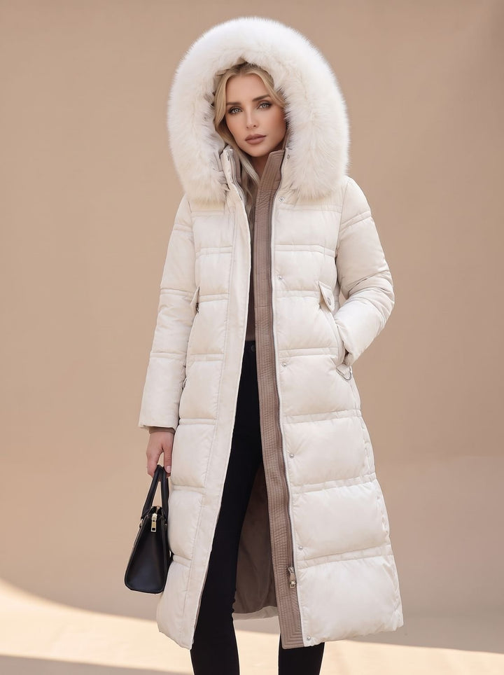 Dames Lange Gewatteerde Parka met Bontkraag Capuchon - Wit