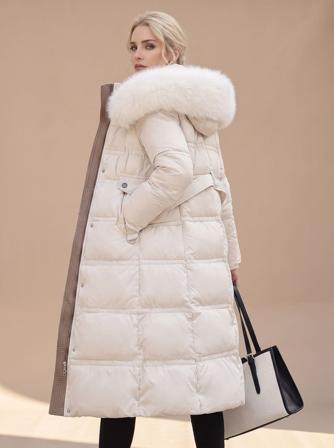 Dames Lange Gewatteerde Parka met Bontkraag Capuchon