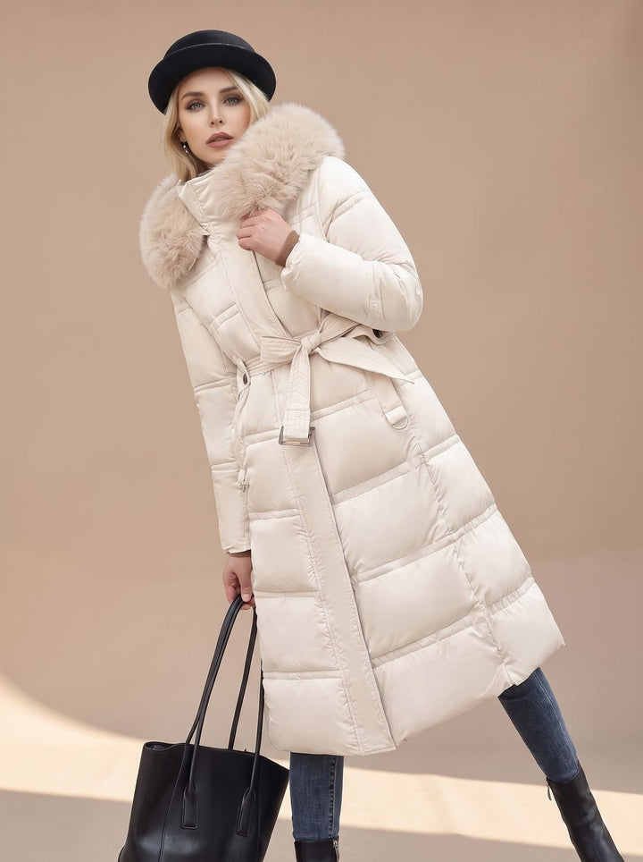 Dames Lange Gewatteerde Parka met Bontkraag Capuchon - Wit en Beige