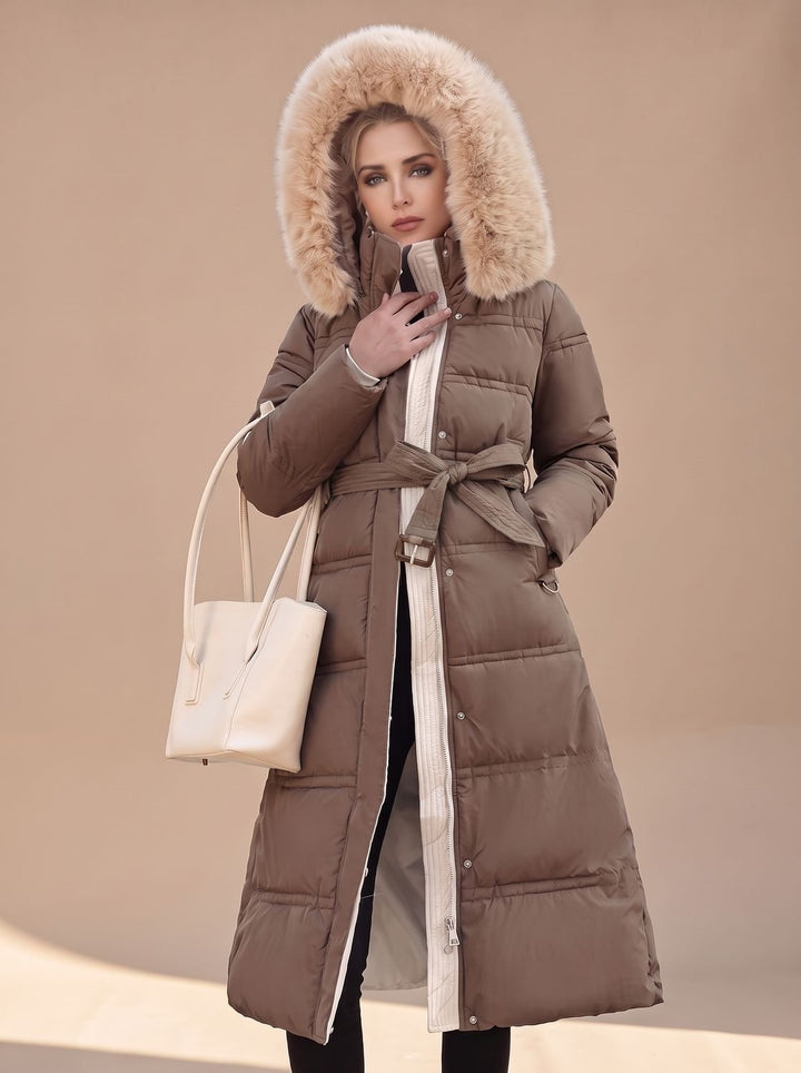 Dames Lange Gewatteerde Parka met Bontkraag Capuchon - Bruin en Beige