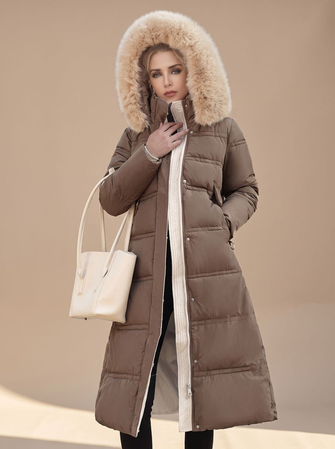 Dames Lange Gewatteerde Parka met Bontkraag Capuchon