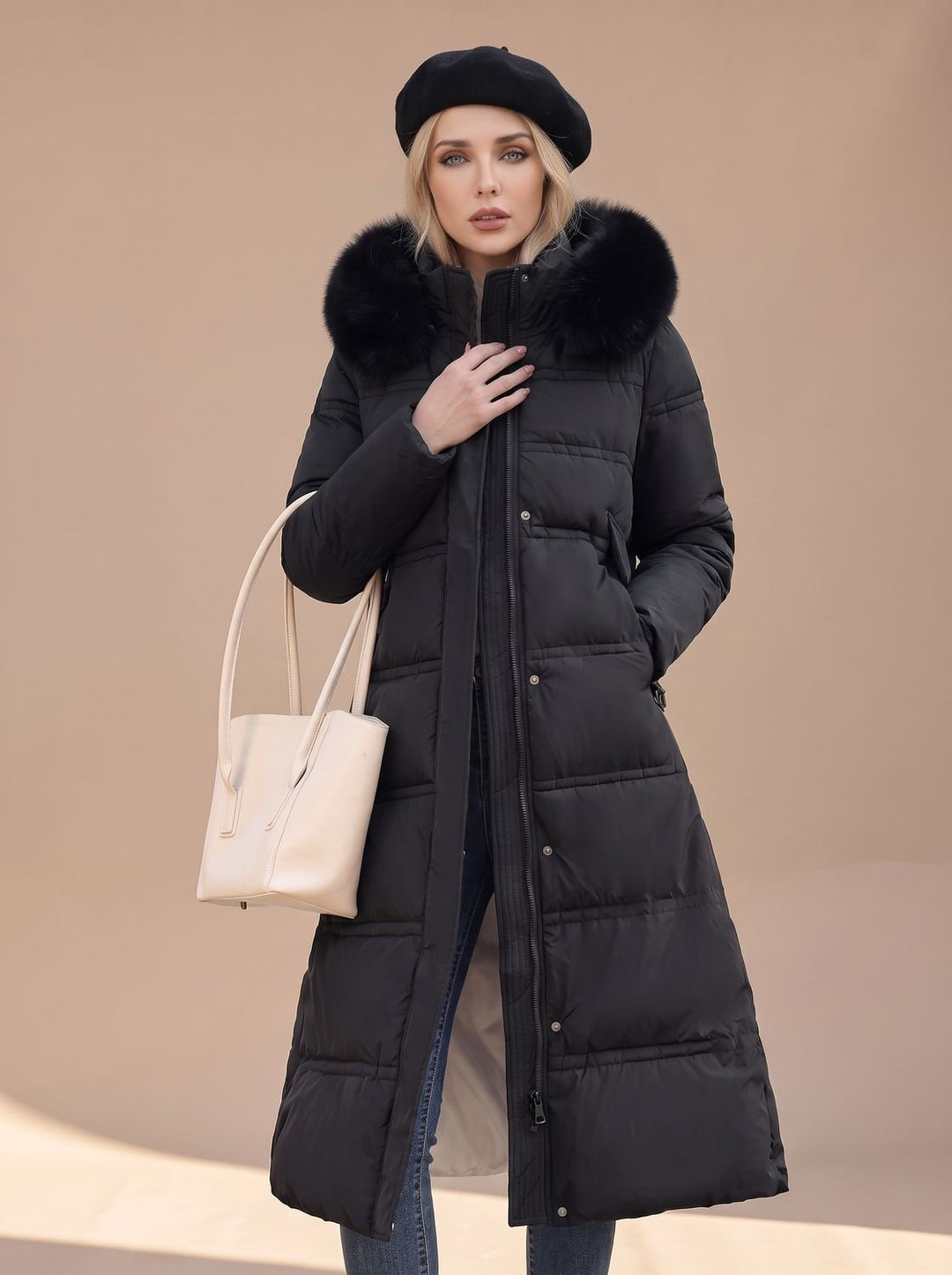 Dames Lange Gewatteerde Parka met Bontkraag Capuchon