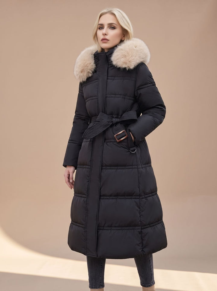 Dames Lange Gewatteerde Parka met Bontkraag Capuchon - Zwart en Wit