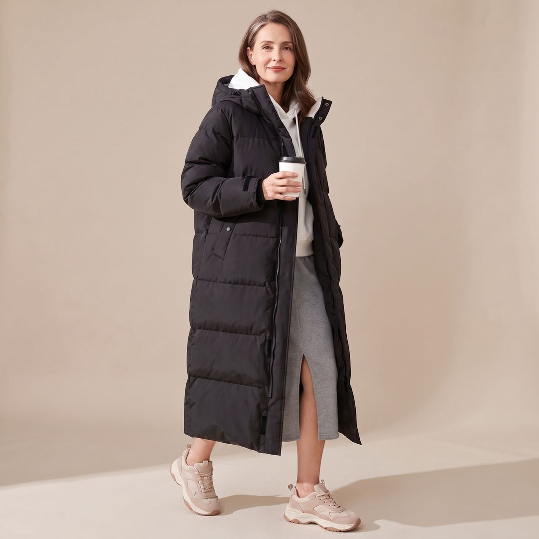 Dames Lange Gewatteerde Winterjas met Capuchon Wind- en Waterafstotend - Zwart