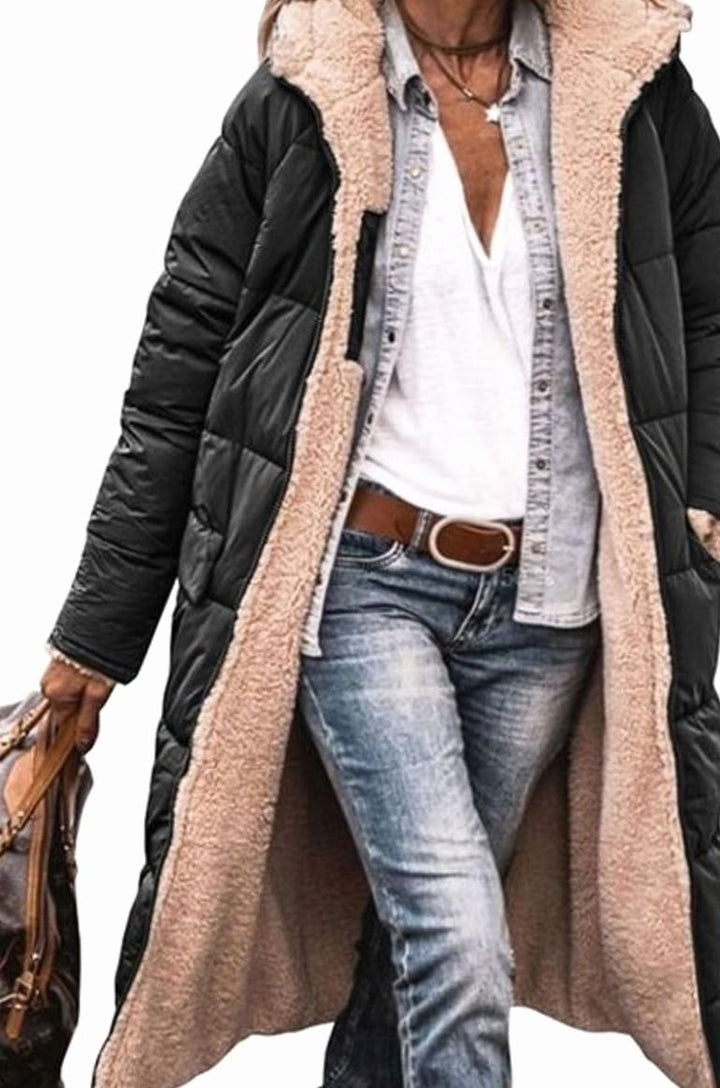 Dames Lange Gewatteerde Winterjas Teddy Voering - Zwart