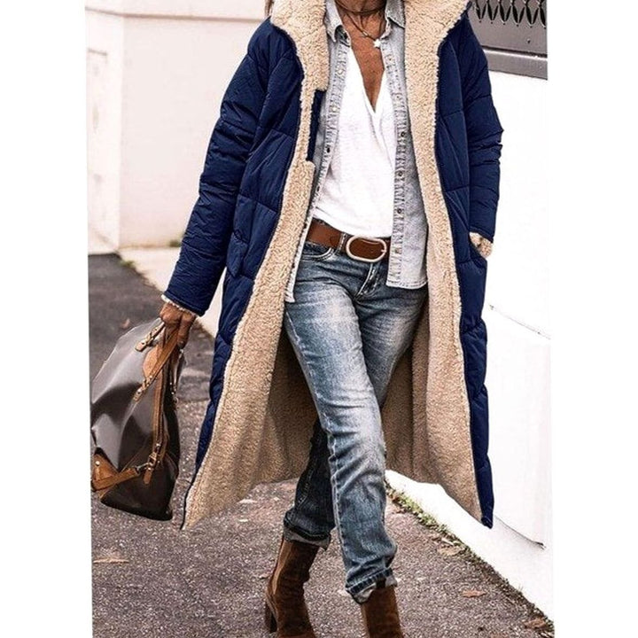 Dames Lange Gewatteerde Winterjas Teddy Voering - Marineblauw