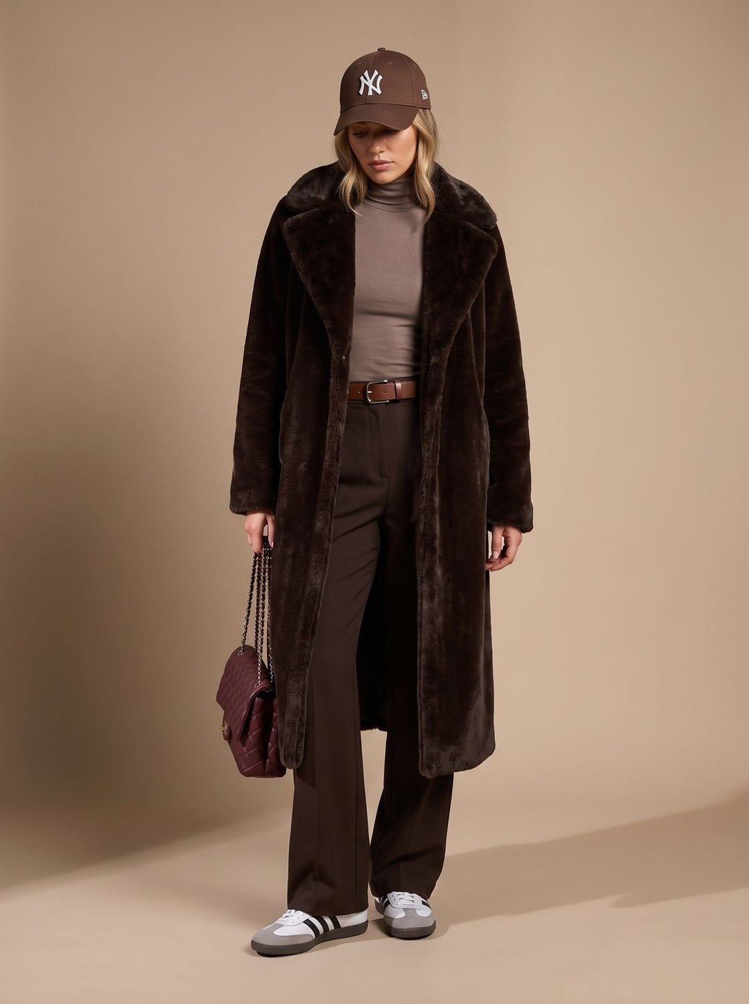 Dames Lange Imitatiebont Bontjas Winterjas - Bruin
