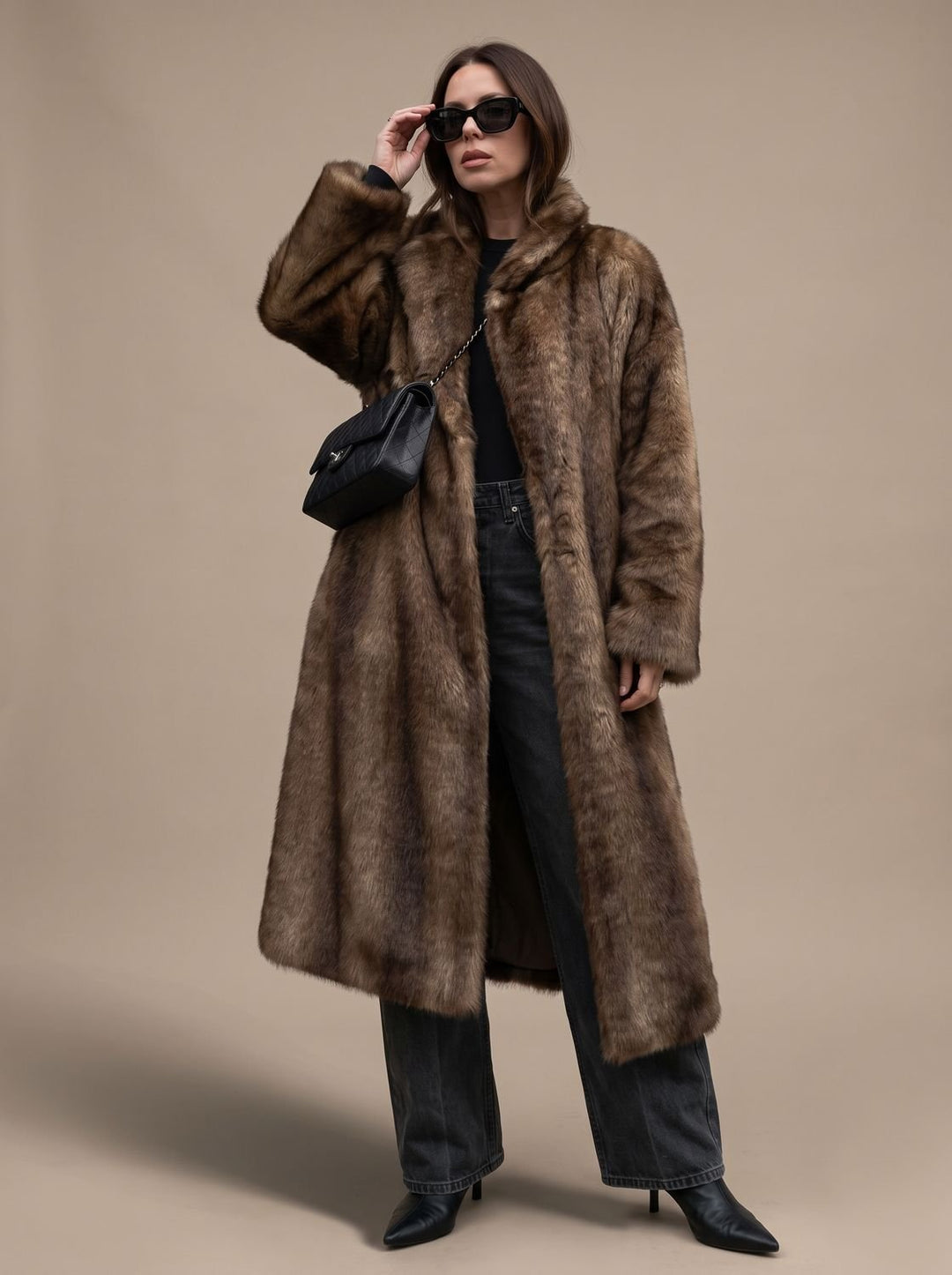 Dames Lange Imitatiebont Lammy Coat Oversized Winterjas - Donkerbruin
