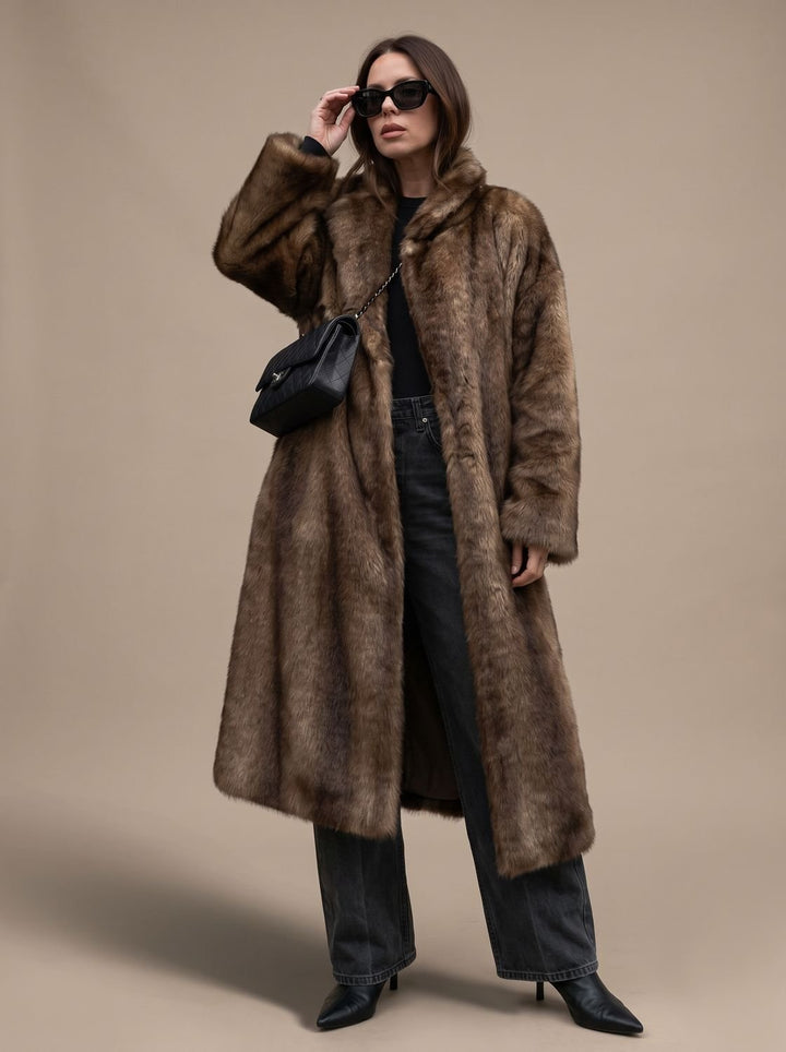 Dames Lange Imitatiebont Lammy Coat Oversized Winterjas - Donkerbruin