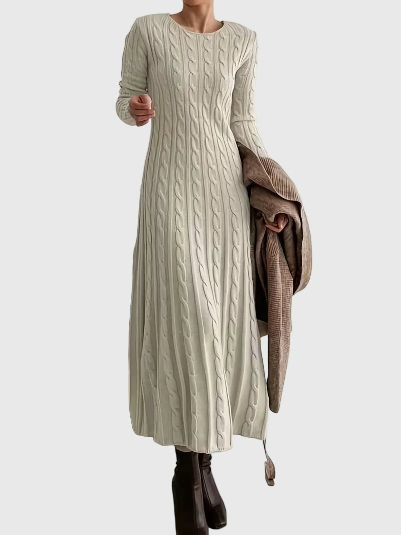 Dames Lange Kabelgebreide Maxi Jurk Ronde Hals Lange Mouwen - Apricot