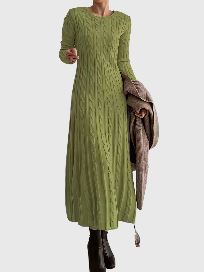 Dames Lange Kabelgebreide Maxi Jurk Ronde Hals Lange Mouwen - Green