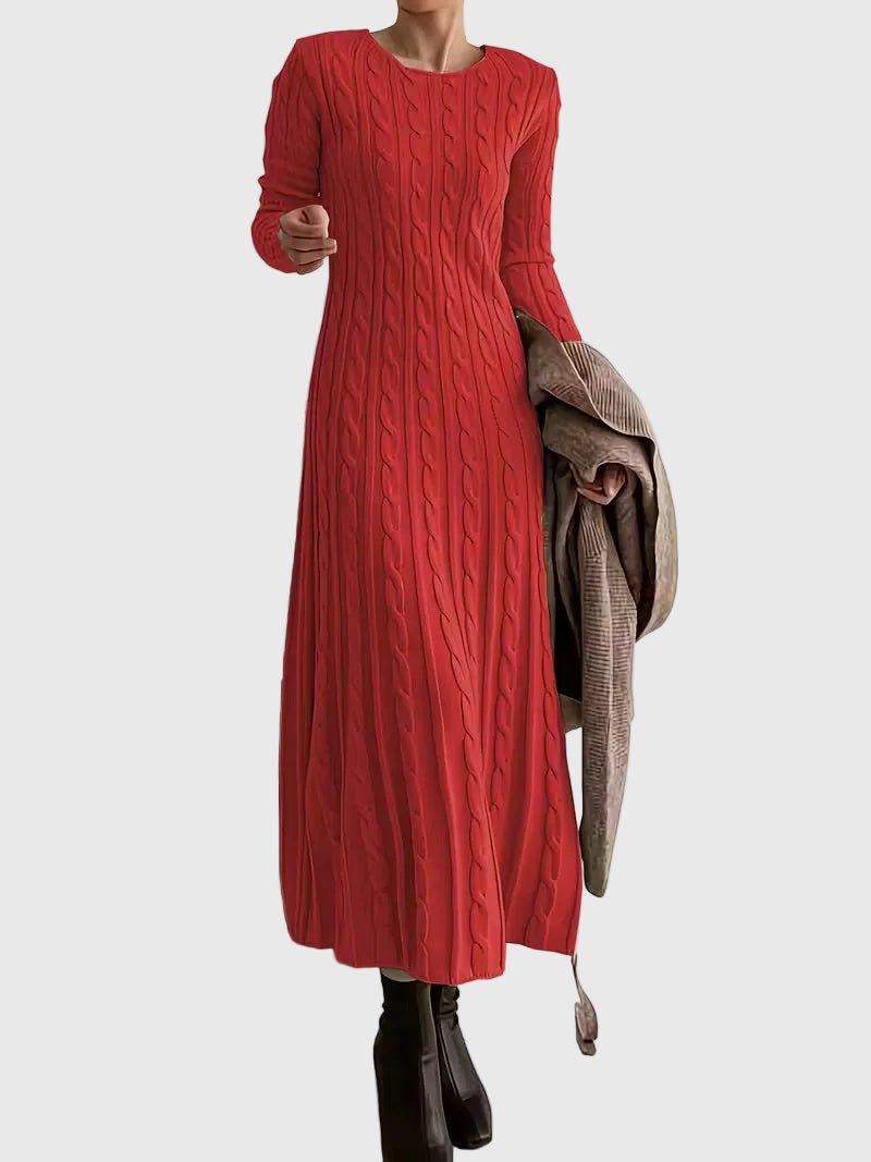 Dames Lange Kabelgebreide Maxi Jurk Ronde Hals Lange Mouwen - Red