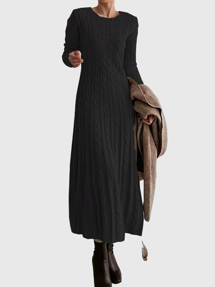 Dames Lange Kabelgebreide Maxi Jurk Ronde Hals Lange Mouwen - Black