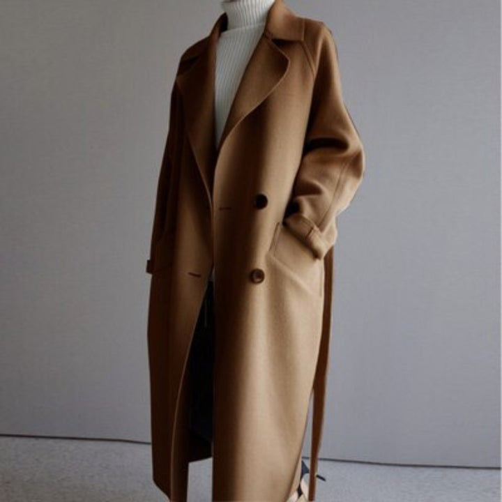 Dames Lange Kasjmier Women Coat Dubbele Knopen Trenchcoat - Karamel