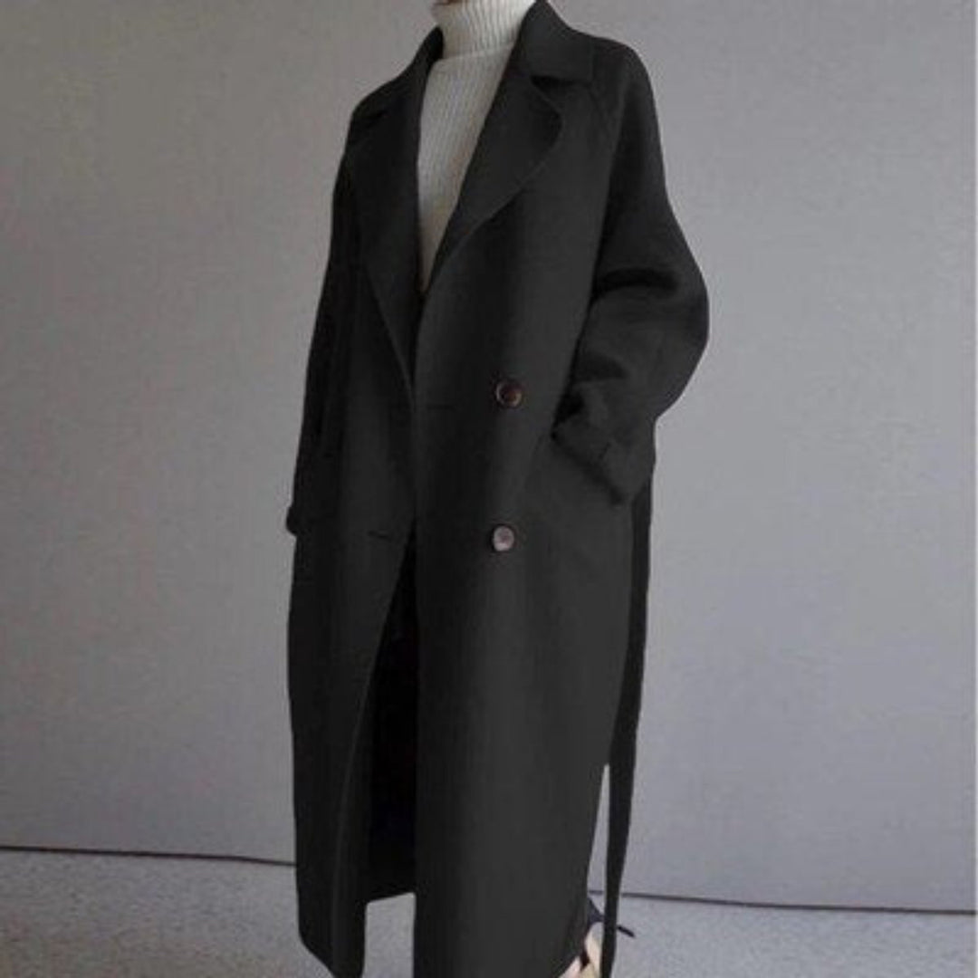 Dames Lange Kasjmier Women Coat Dubbele Knopen Trenchcoat - Zwart