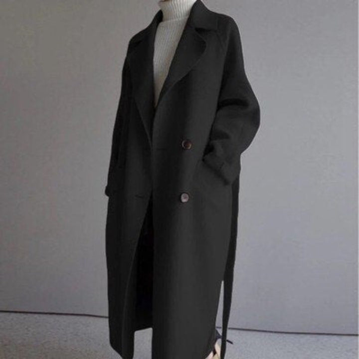 Dames Lange Kasjmier Women Coat Dubbele Knopen Trenchcoat - Zwart