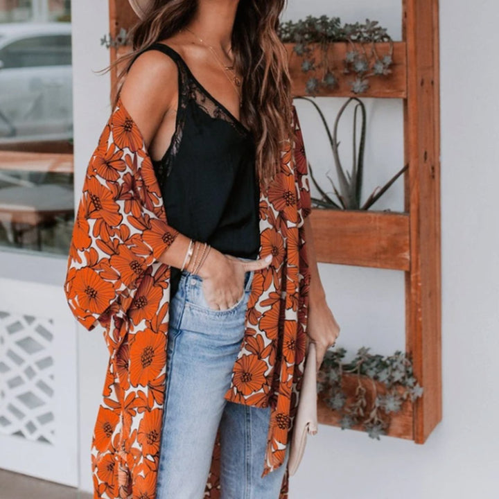 Dames Lange Kimono Cardigan Losvallend Bloemenprint - Oranje