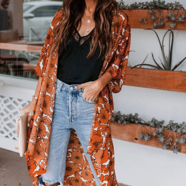 Dames Lange Kimono Cardigan Losvallend Bloemenprint