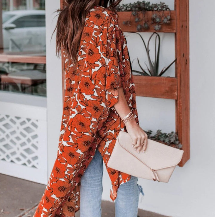 Dames Lange Kimono Cardigan Losvallend Bloemenprint