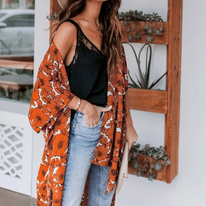 Dames Lange Kimono Cardigan Losvallend Bloemenprint
